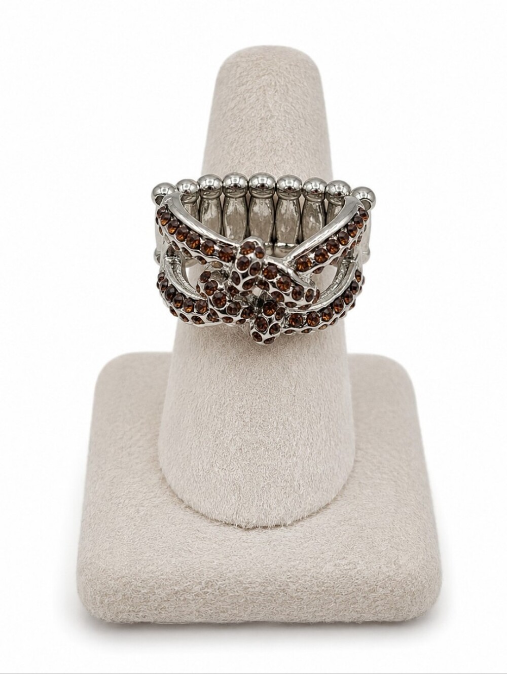 Adjustable Size 8 to 9 Silver Tone Amber Brown Rhinestone Fashion Ring